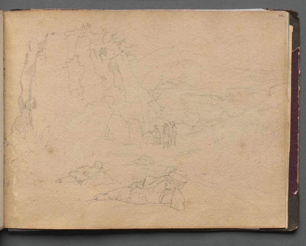 Album med utsikt over Roma og omegn, landskapsstudier, side 44a: Figurer i et landskap. av Franz Johann Heinrich Nadorp