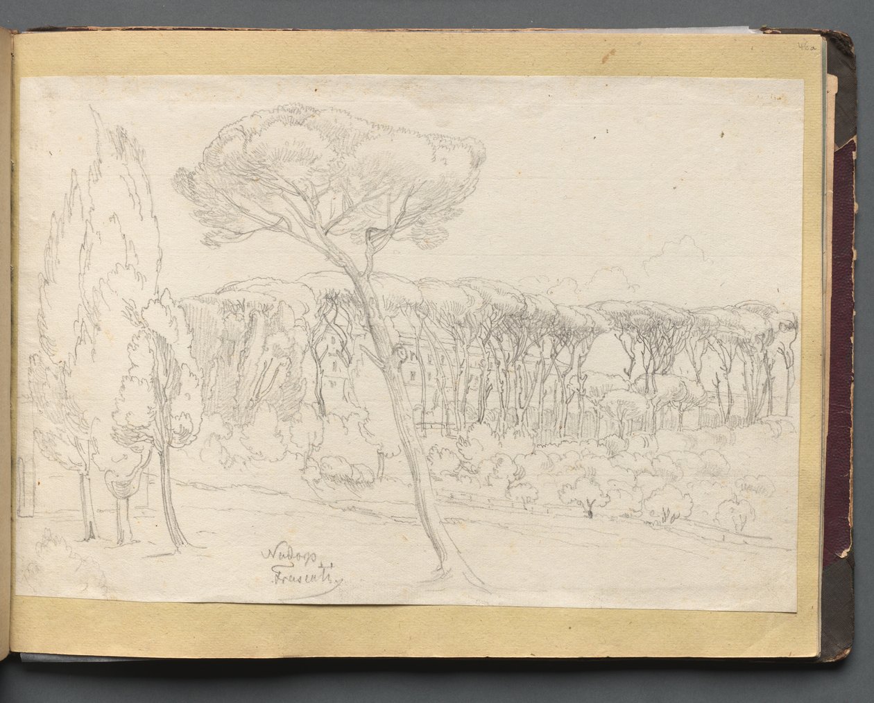 Album med utsikt over Roma og omgivelsene, landskapsstudier, side 46a: "Frasciti" av Franz Johann Heinrich Nadorp