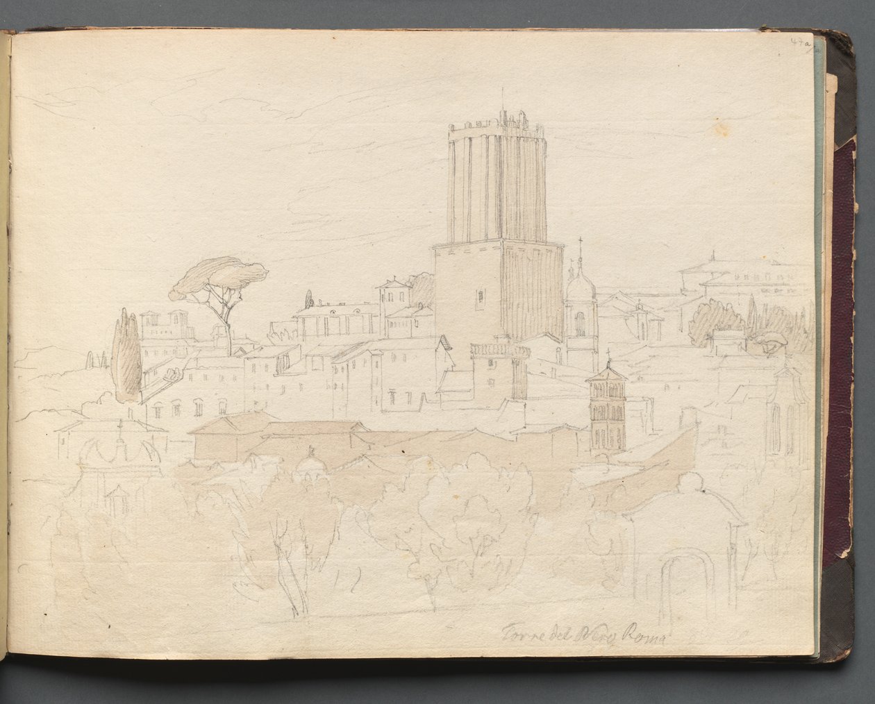 Album med utsikt over Roma og omgivelsene, landskapsstudier, side 47a: Torre del Nero, Roma. av Franz Johann Heinrich Nadorp