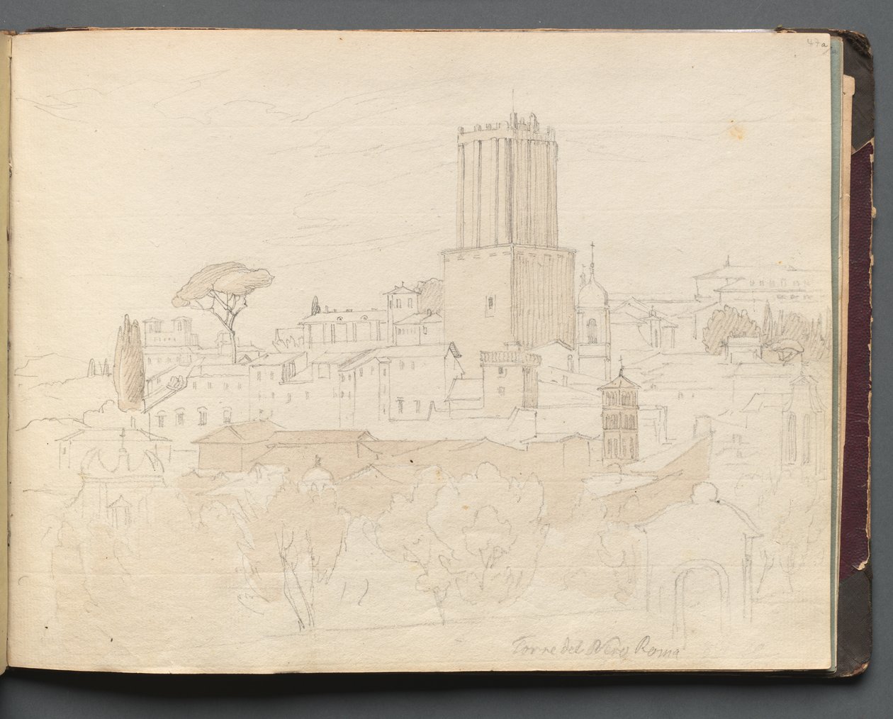 Album med utsikt over Roma og omgivelsene, landskapsstudier, side 47a: "Torre del Nero, Roma" av Franz Johann Heinrich Nadorp