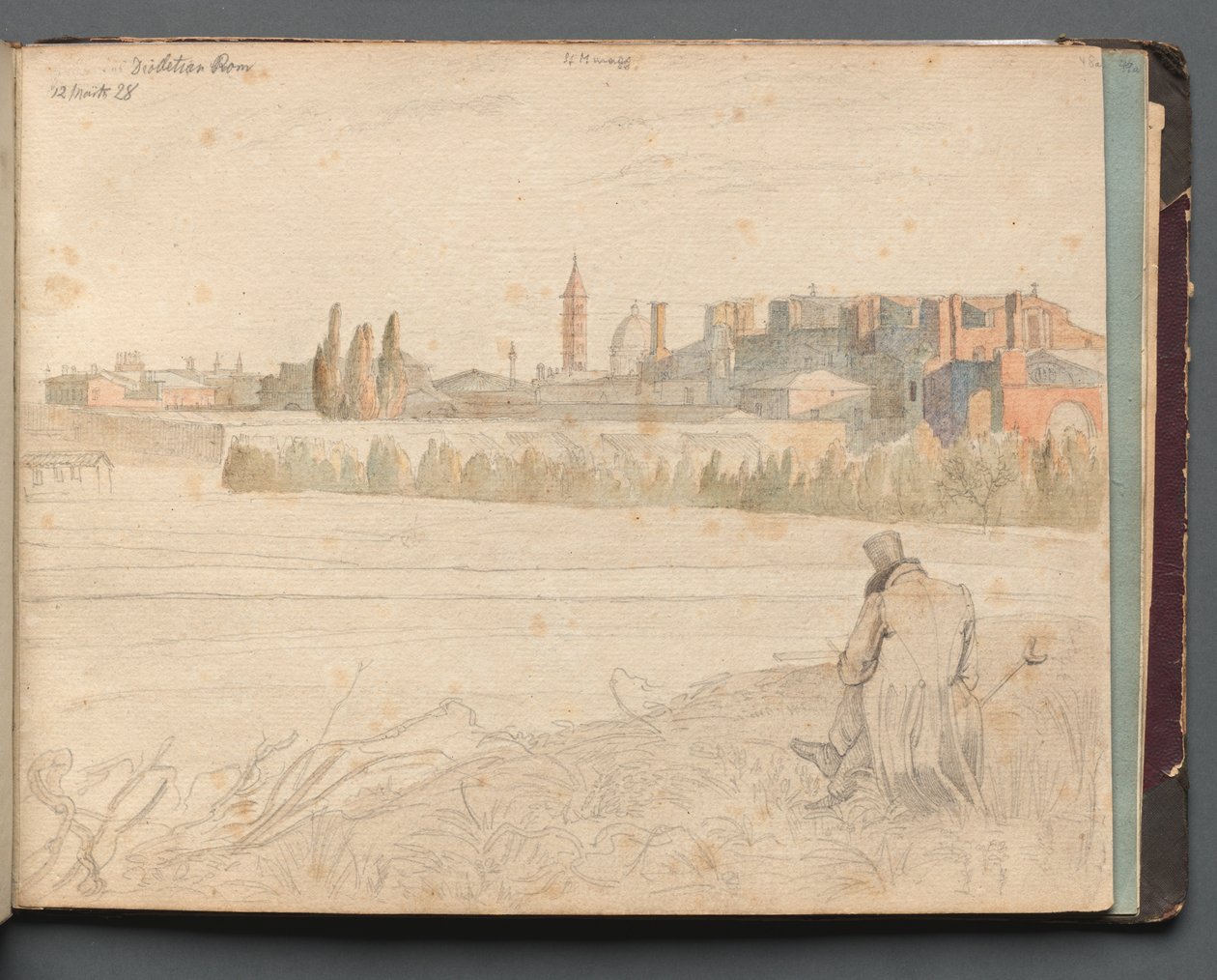 Album med utsikt over Roma og omgivelsene, landskapsstudier, side 48a: Romersk panoramautsikt. av Franz Johann Heinrich Nadorp