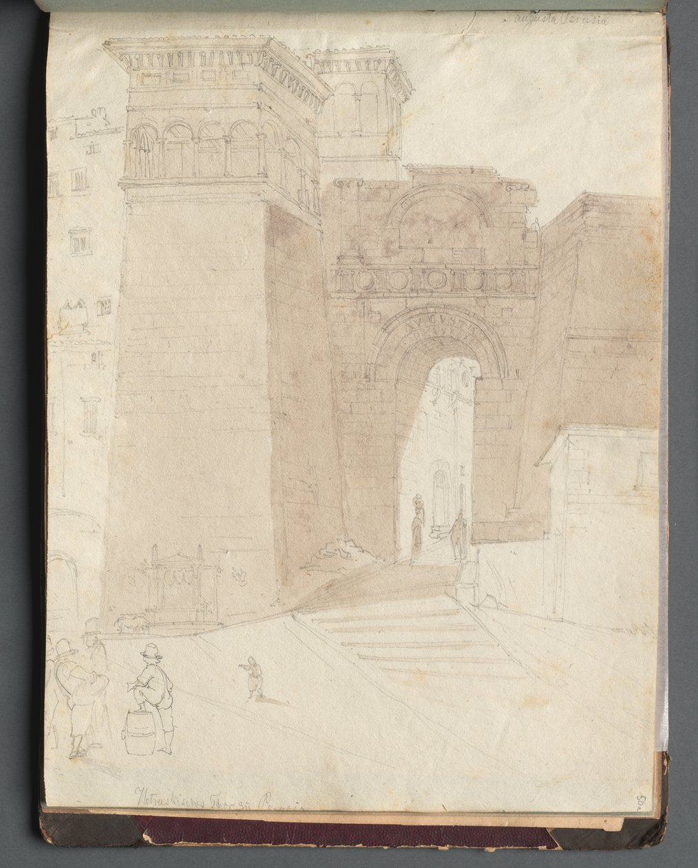 Album med utsikt over Roma og omgivelsene, landskapsstudier, side 50a: romersk arkitektonisk utsikt av Franz Johann Heinrich Nadorp