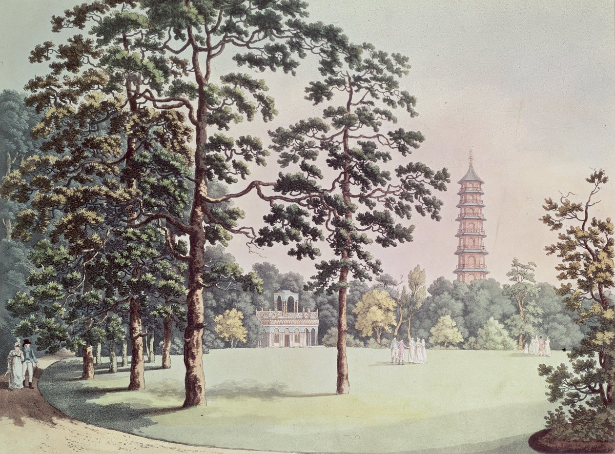 A View in Kew Gardens of the Alhambra and Pagoda, gravert av Heinrich Joseph Schutz (1760-1822), ca. 1798 (akvatint) av Franz Joseph Manskirch