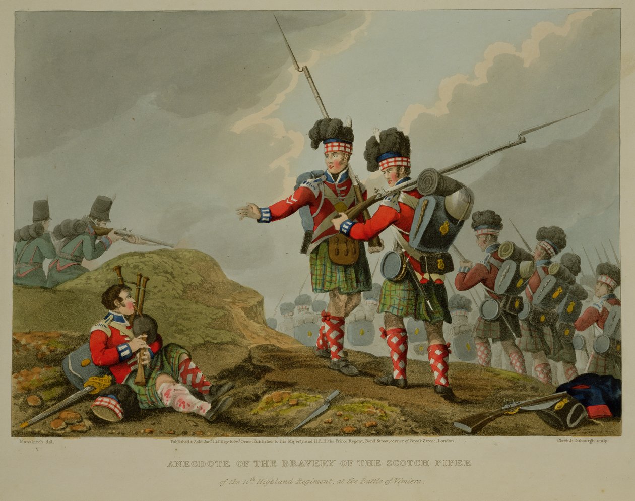 Anekdote om tapperheten til Scotch Piper fra det 11. høylandsregiment i slaget ved Vimiero, gravert av John Heaviside Clark (ca. 1771-1863) og Matthew Dubourg (fl. 1813-20) fra 
