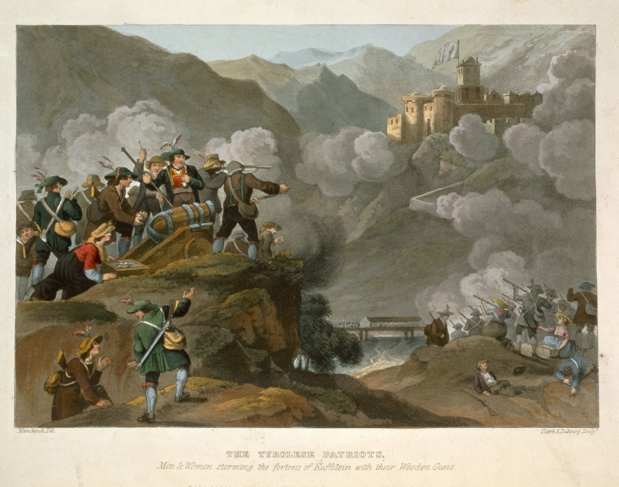 De tyrolske patriotene stormer festningen Kuffstein med sine trevåpen, gravert av John Heaviside Clark (ca. 1771-1863) og Matthew Dubourg (fl. 1813-20) fra Historic, Military and Naval Anecd av Franz Joseph Manskirch