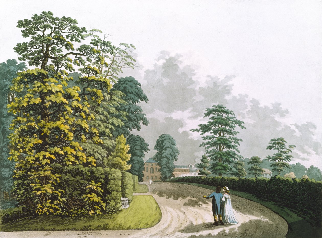 En sidevisning av palasset i Kensington Gardens, gravert av Heinrich Joseph Schutz (1760-1822), pub. 1798 av Ackermann (akvatint) av Franz Joseph after Manskirch