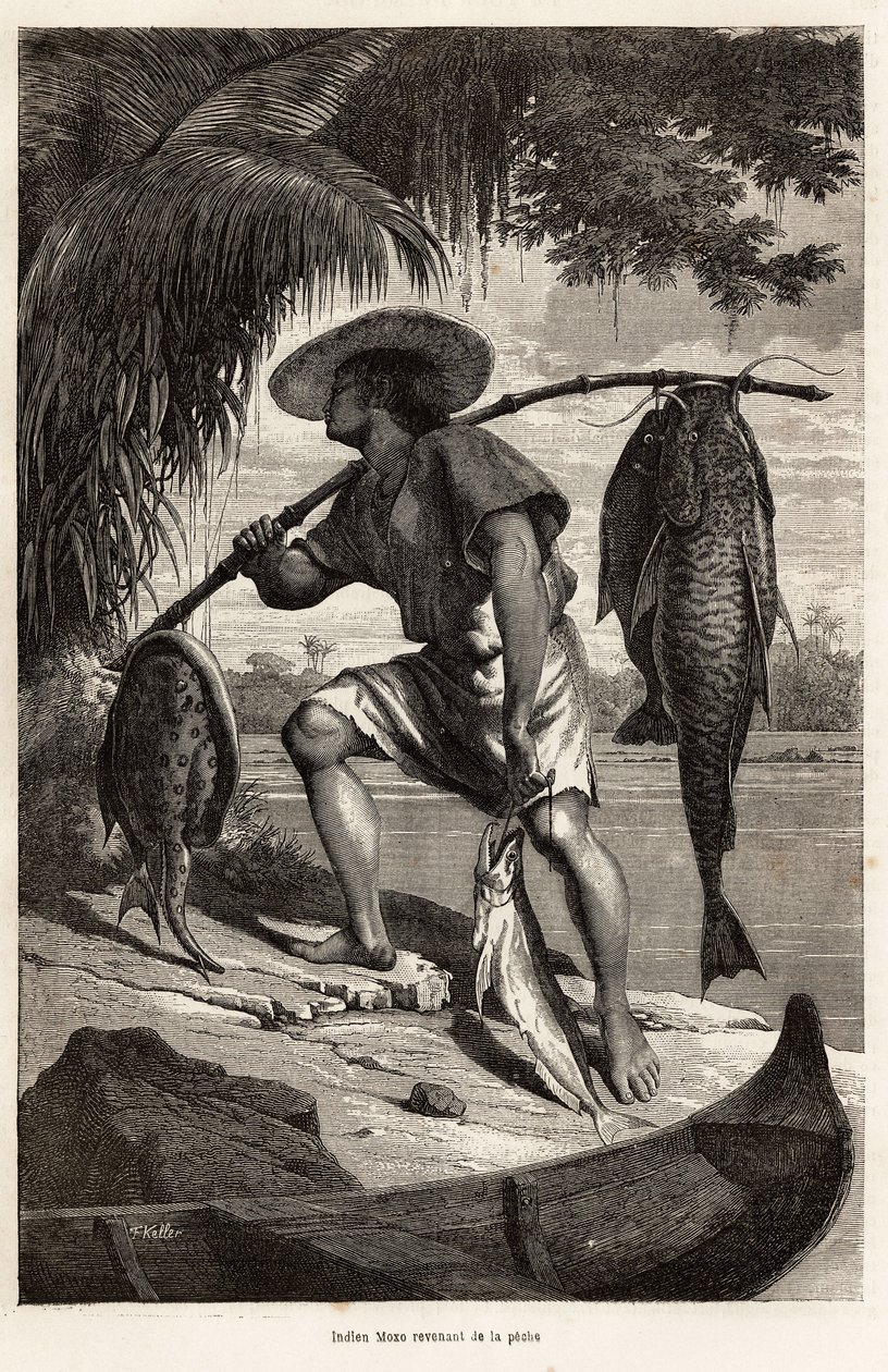 Indiske Moxo (Mojo, Moxeno) (fra Mato Grosso-regionen) som vender tilbake fra fiske, graverer etter en tegning av fortelleren, illustrerer en utforskningsreise på Amazonas og Madeira, fra 1874, av Franz Keller Leuzinger, publisert i "" Le tour du av Franz Keller