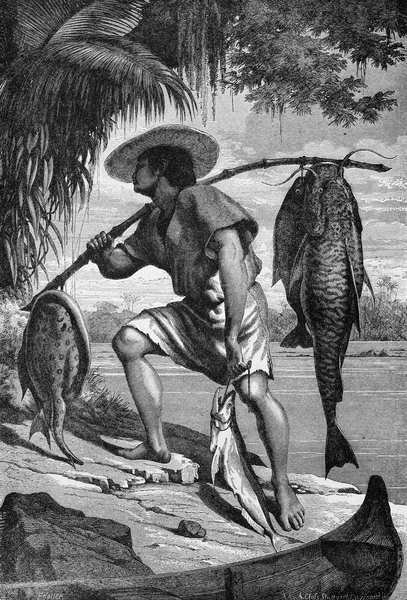 En av våre Mojo-indianere som vender tilbake fra fiske, fra elvene Amazonas og Madeira, av Franz Keller, gravert av A. Closs, 1874 av Franz Keller