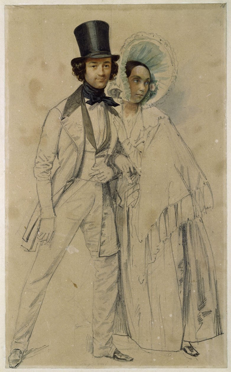 Ekteparet Paul og Amalie Taglioni (Studie til maleriet «Parade for det første fotgarderegimentet», 1839) av Franz Krüger