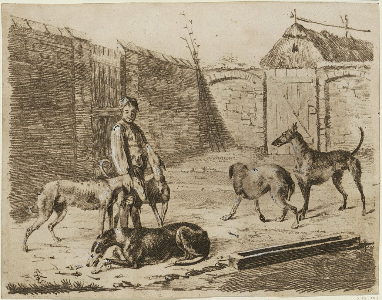 Gårdsrom med en gutt og hunder av Franz Krüger