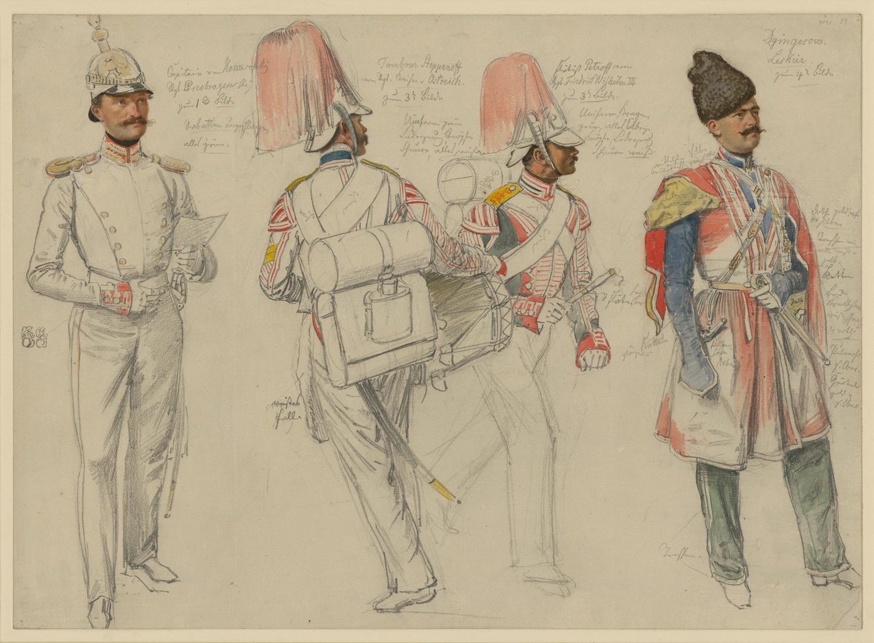 von Kossacowski, kaptein i Preobraschenski-regimentet; Steppanoff, tambur i Keiser av Østerrike-regimentet; Petroff, fløytist i Fredrik Vilhelm III-regimentet; Dgingosow, Leskier av Franz Krüger