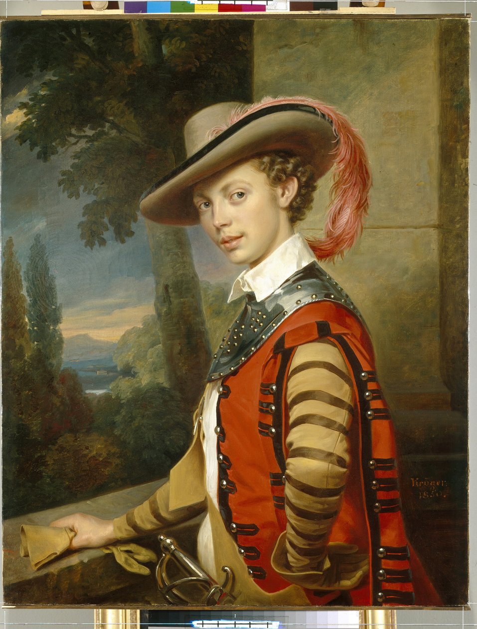 Portrett av prins Nicolas Saltykov iført en forkledning. (Portrett av prins Nikolai Saltykov i fancy kjole). Maleri av Franz Kruger (1797-1857), olje på lerret av Franz Krüger