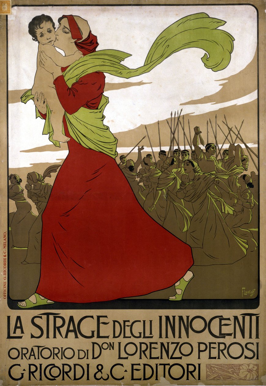 Plakat for “The massacre of the innocents” ”, oratorium av den italienske komponisten Don Lorenzo Perosi (1872 - 1956). Tegning av F. Laskoff av Franz Laskoff