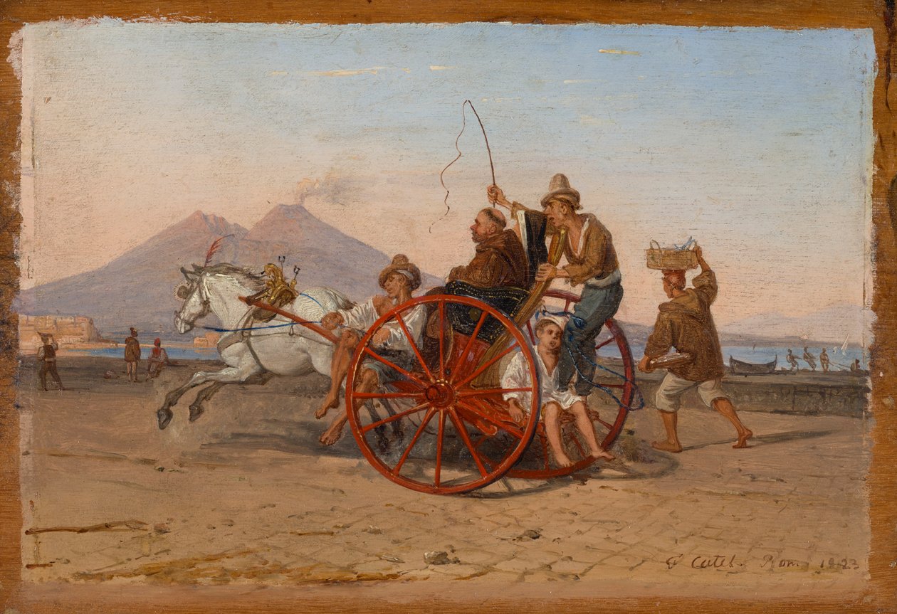 "En kapusinermunk og nonne blir kjørt i en napolitansk carrette i havnen i Napoli" av Franz Ludwig Catel