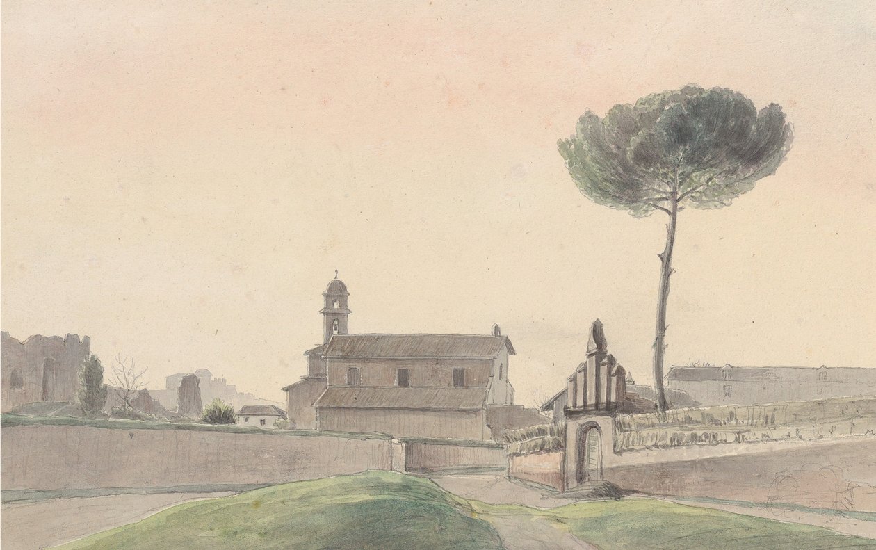 Utsikt over kirken San Pancrazio, Roma, fra sør, 1834. av Franz Ludwig Catel