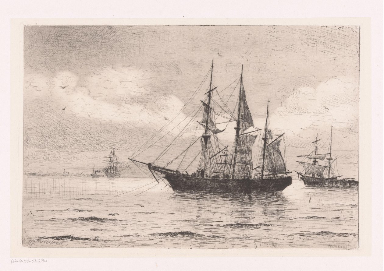 Seascape med en tre-master og andre skip av Franz Maecker