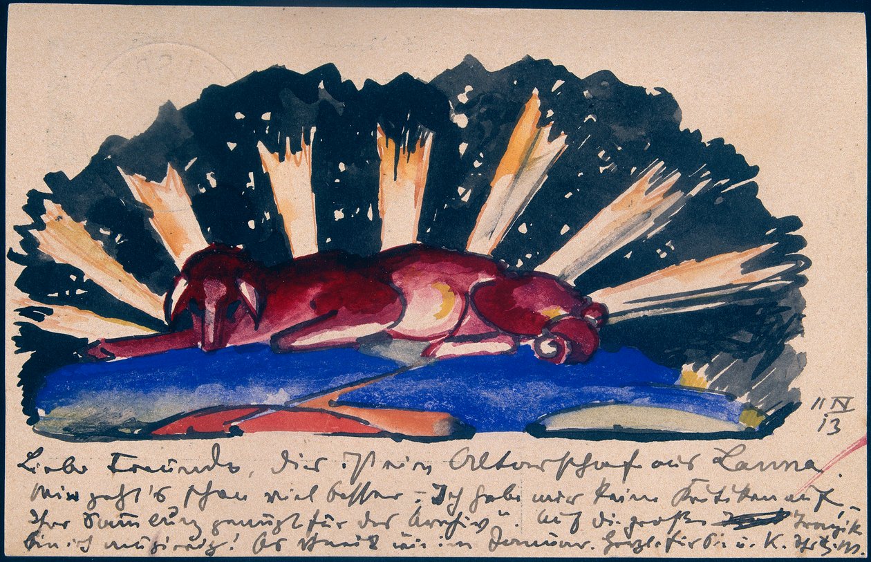 "Altersau fra Lana", Franz Marc fra Sindelsdorf til Gabriele Münter i München: postkort, poststemple 11. april 1913 av Franz Marc