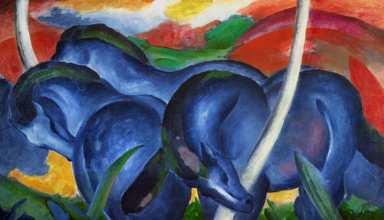Store blå hester av Franz Marc (1880-1916), olje på lerret av Franz Marc