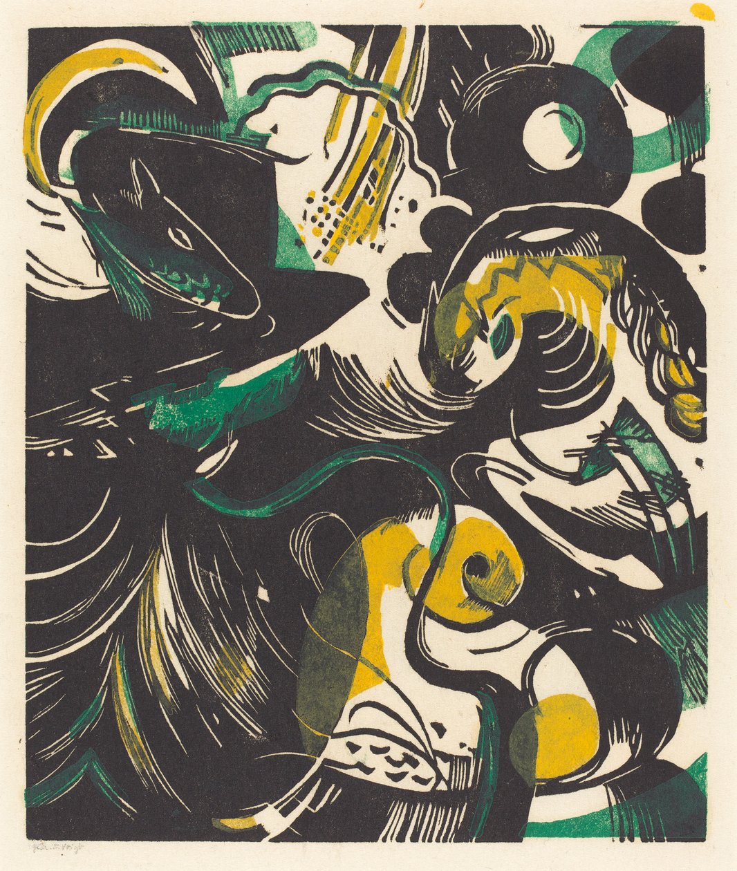 Genesis II (Schopfungsgeschichte II), 1914 (tresnitt i gult, svart og grønt) av Franz Marc