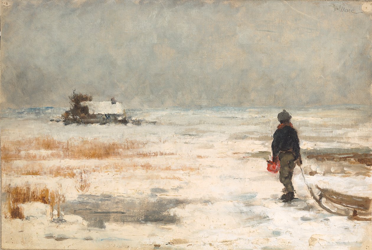 Gutt med slede i vinterlandskap av Franz Marc