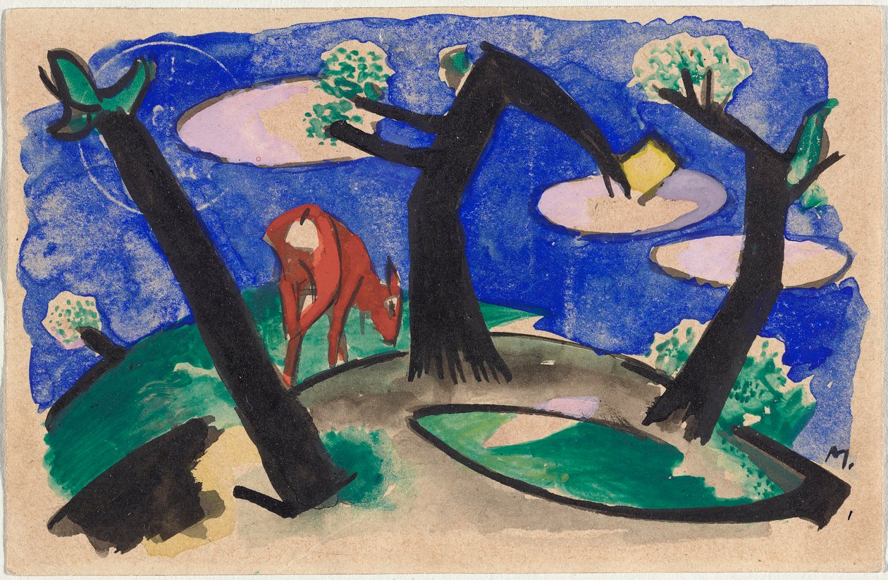 Landskap med et rødt dyr, postkort fra Sindelsdorf til Alfred Kubin i Wernstein/Zwickledt av Franz Marc