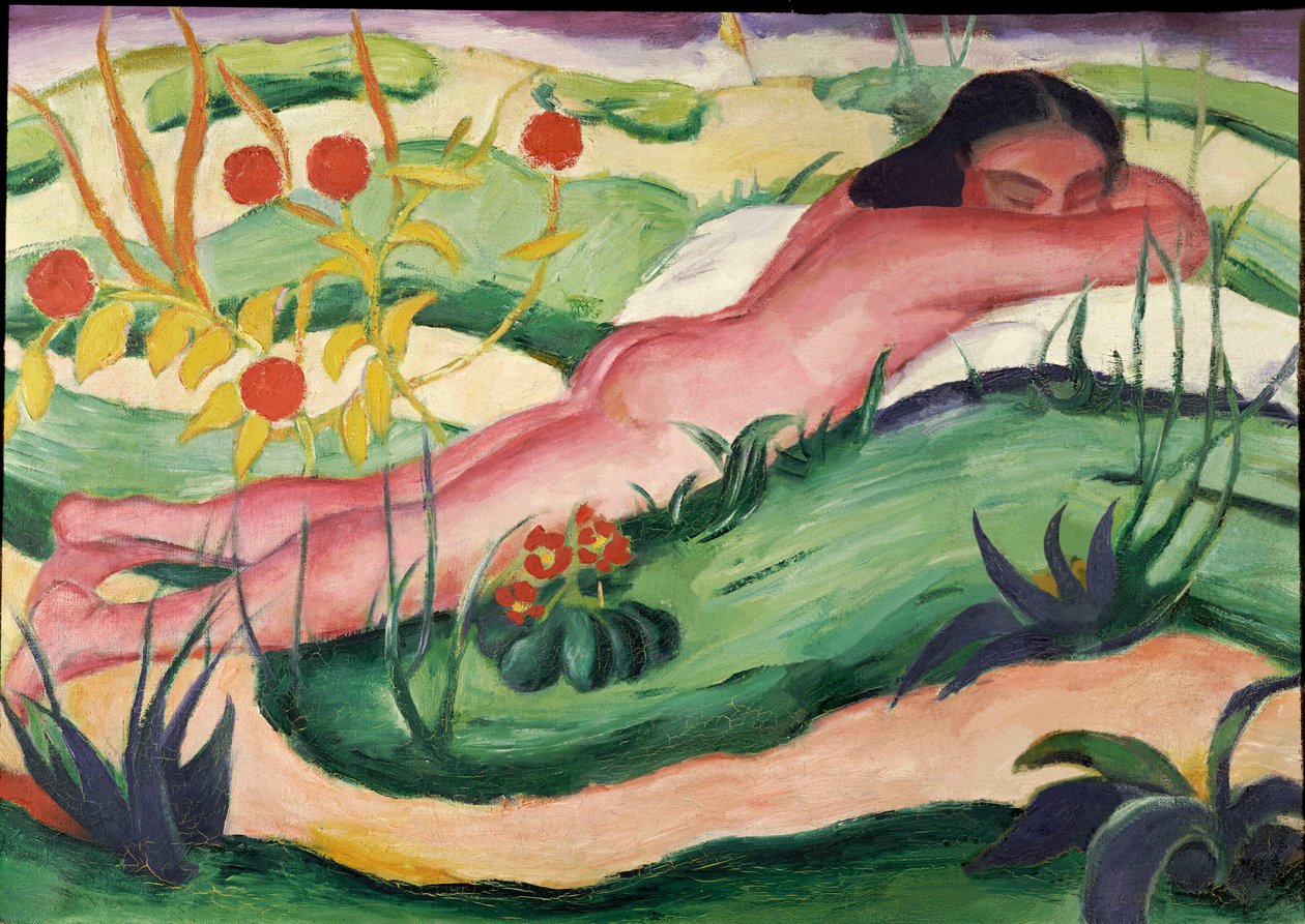 Naken liggende i blomstene, 1910 av Franz Marc