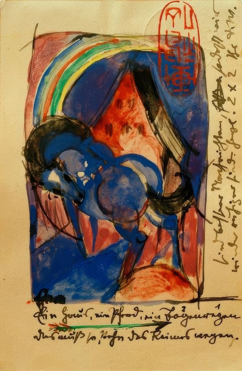 Hest og hus med regnbue av Franz Marc