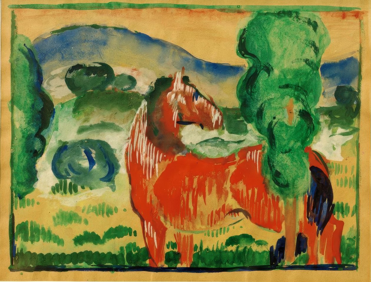 Rød hest i et farget landskap av Franz Marc