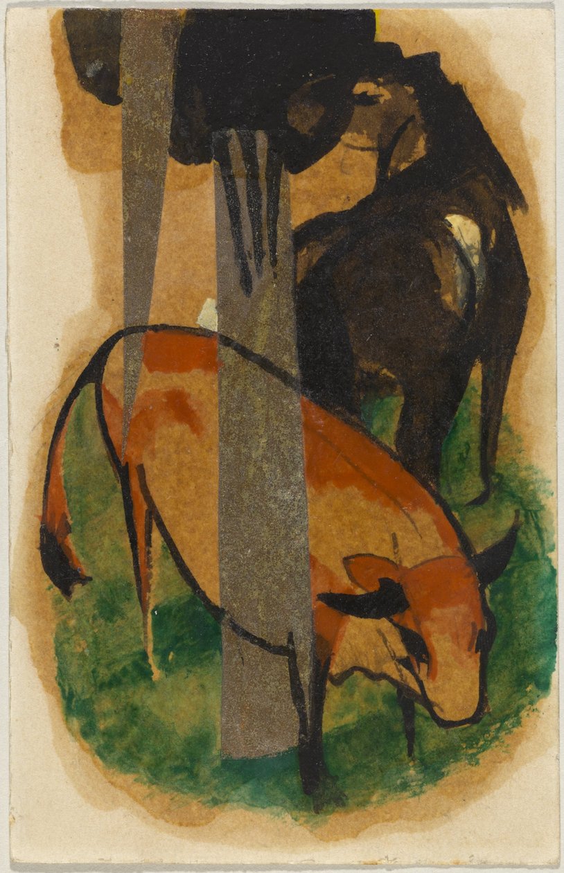 Rød hest og gul storfe (svartbrun hest og gul storfe), postkort fra Sindelsdorf til Alfred Kubin i Wernstein/Zwickledt av Franz Marc