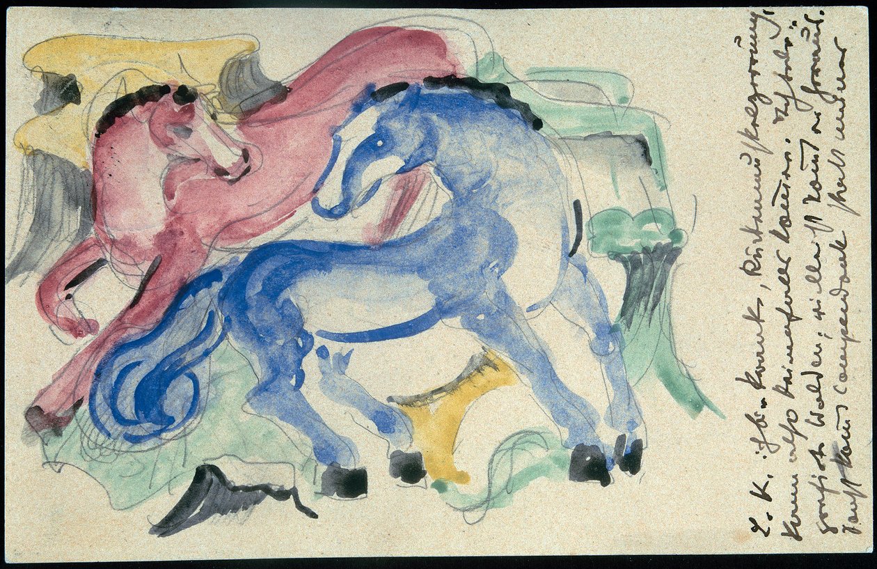 "Rød og blå hest", Franz Marc fra Sindelsdorf til Wassily Kandinsky i München: postkort, poststempel 5. april 1913 av Franz Marc