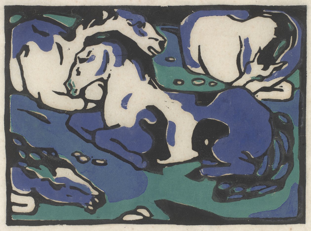 Ruhende Pferde (hvilende hester), 1911-1912, trykt 1916 (tresnitt i svart, blått og grønt på japansk papir) av Franz Marc