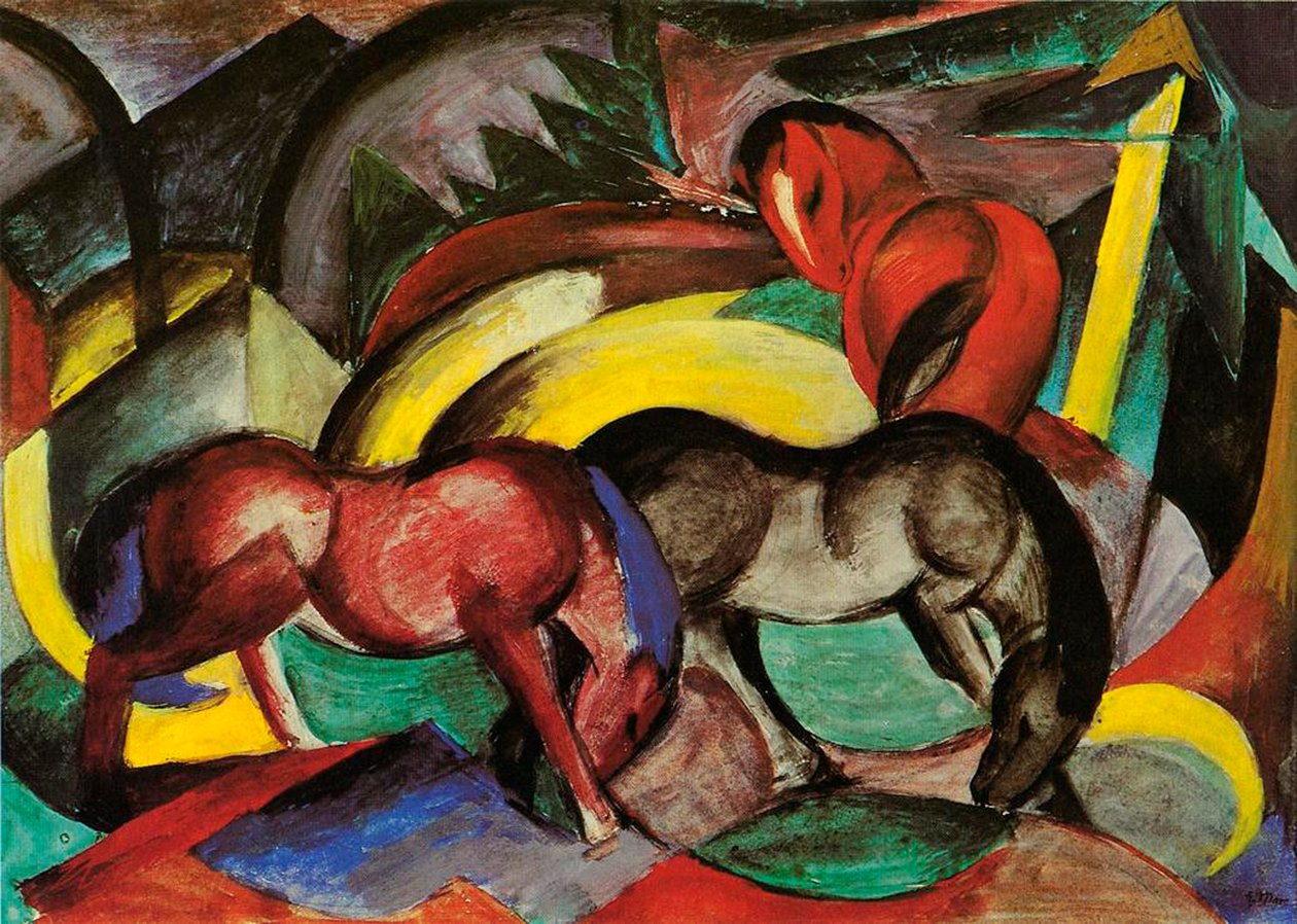 Three Horses, 1912 (blandet media på papir) av Franz Marc