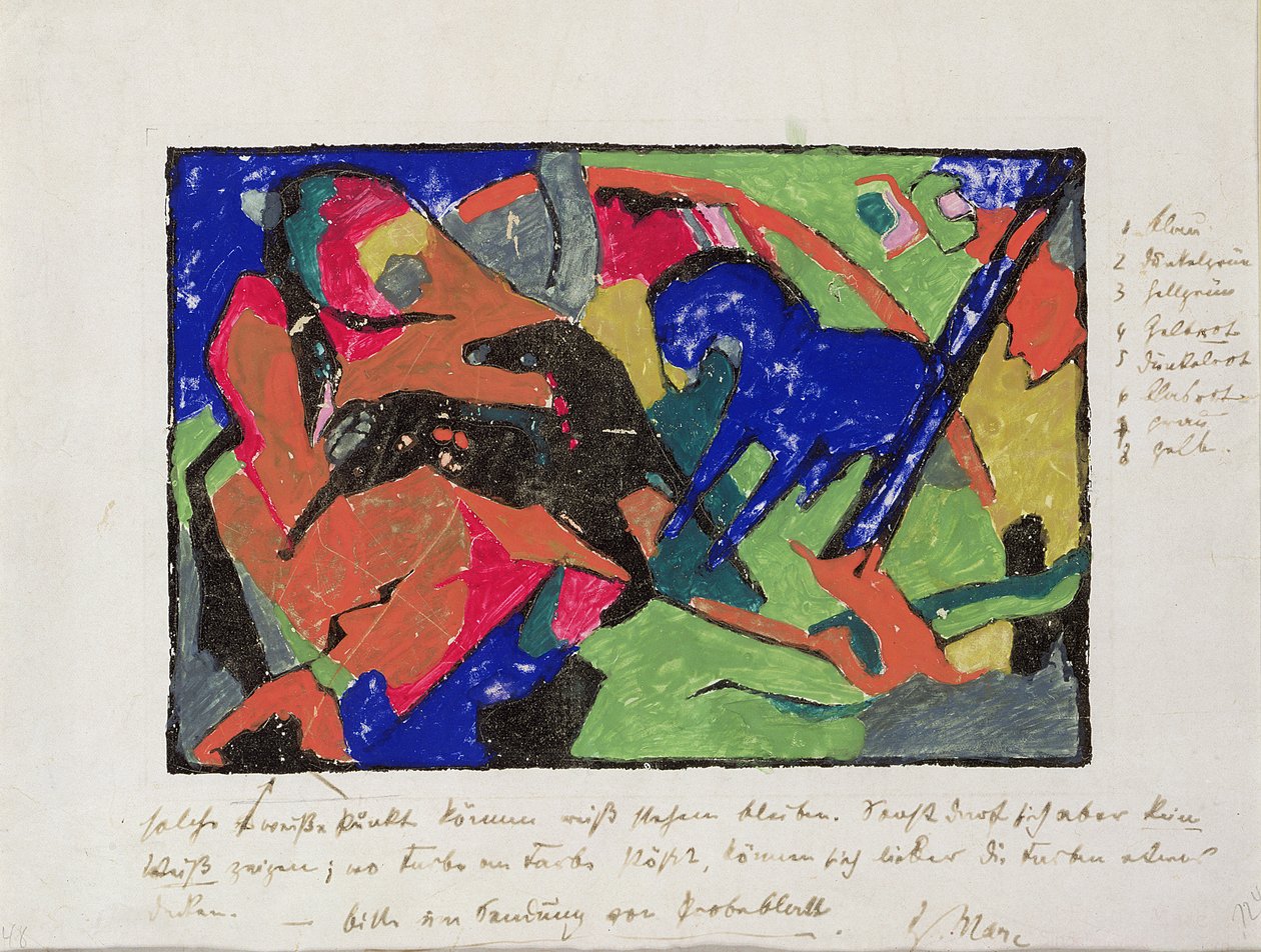 To hester, 1911-12 (håndfarget trykk) av Franz Marc