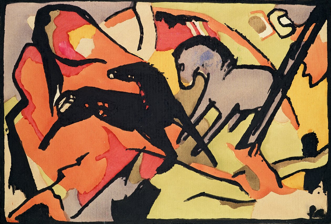 To hester, 191112 (indisk blekk og wc på papir) av Franz Marc