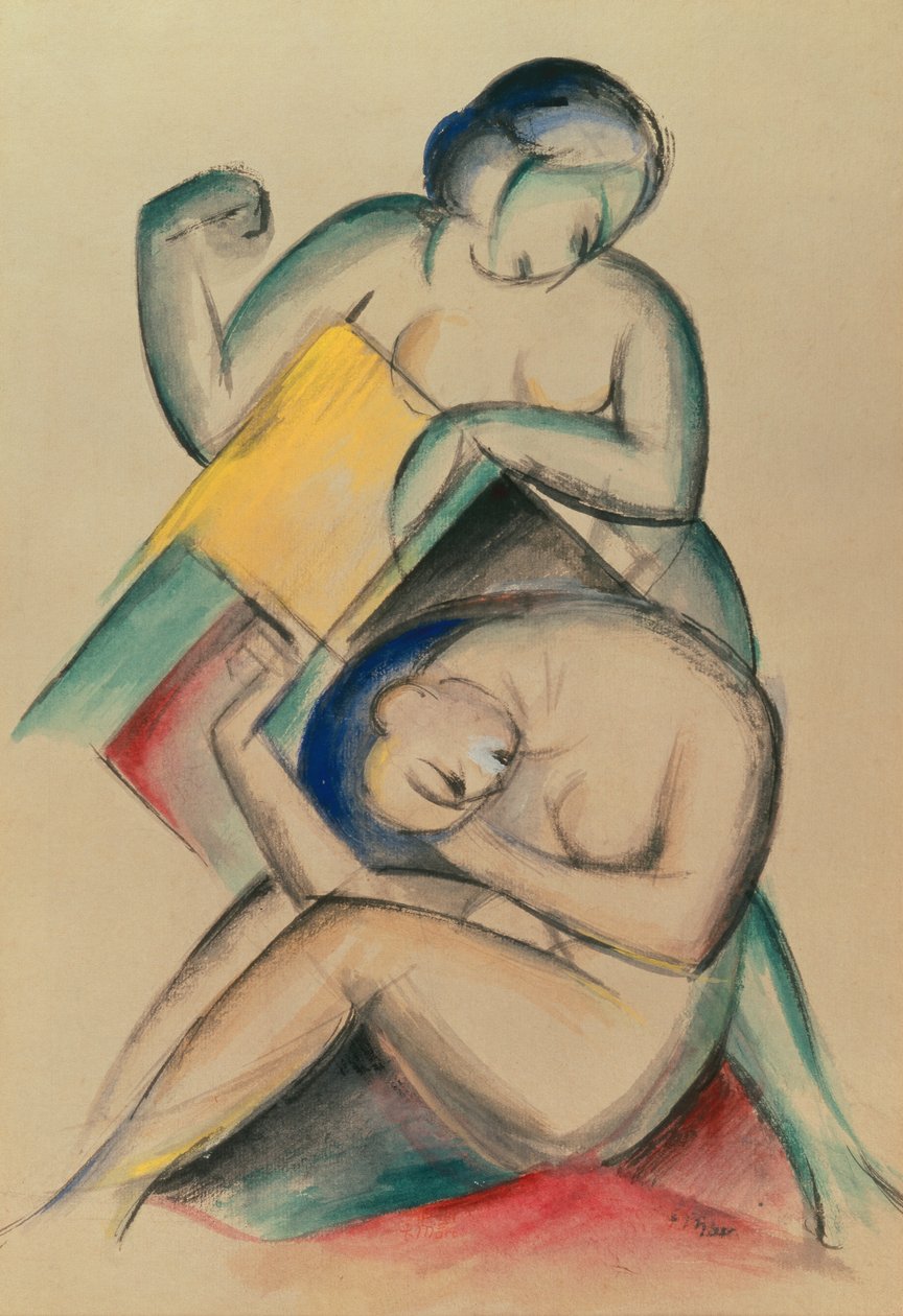 To nakne kvinner, ca. 1910-15 (gouache og akvarell på papir) av Franz Marc
