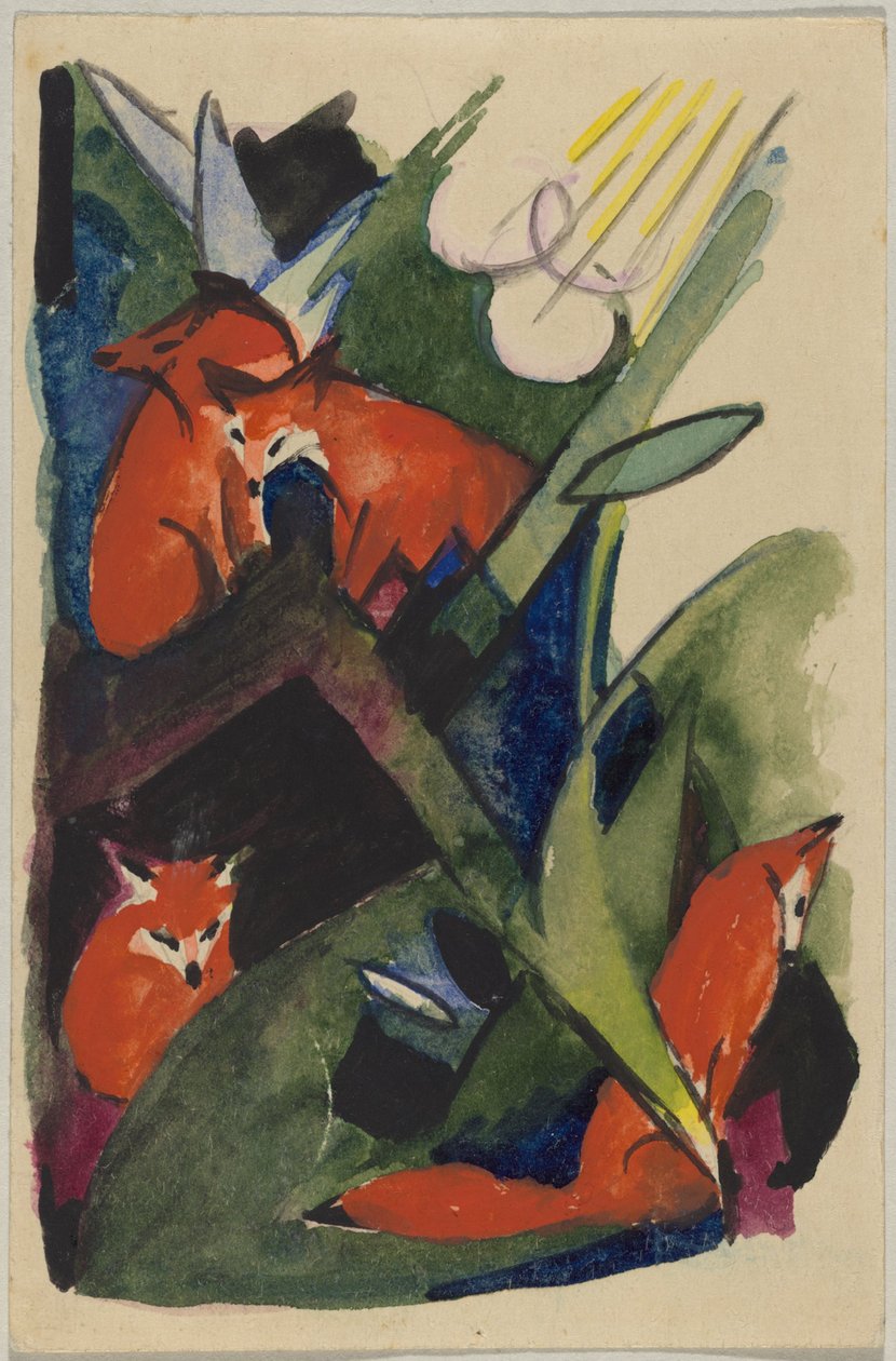 "Fire rever", Franz Marc fra Sindelsdorf til Wassily Kandinsky i München: postkort, poststempel 4. februar 1913 av Franz Marc