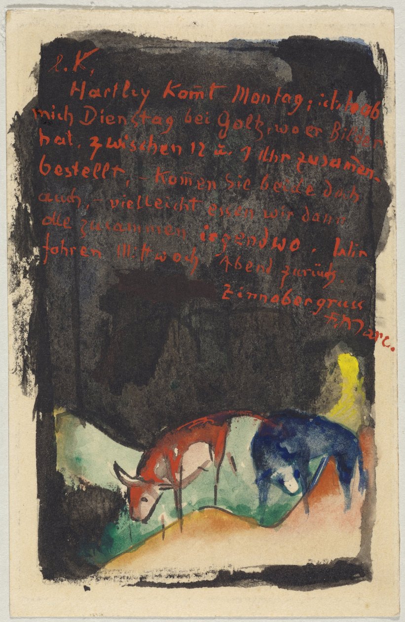 "Zinnobergrüss", Franz Marc fra Sindelsdorf til Wassily Kandinsky i München: postkort, poststempel 19. april 1913 av Franz Marc