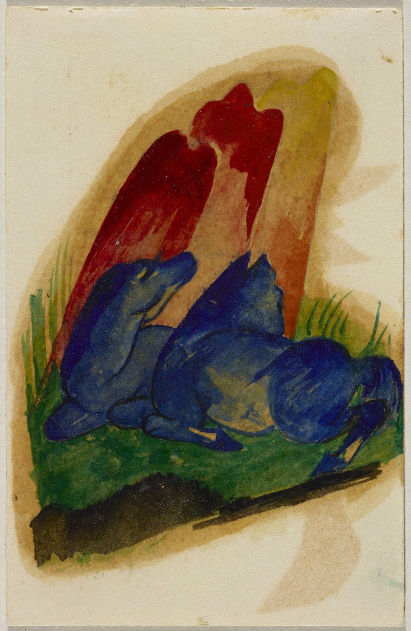 To blå hester foran en rød stein, postkort fra Sindelsdorf til Wassily Kandinsky i München av Franz Marc