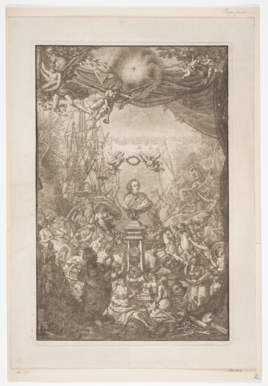 Tittelside med byste av Frederik V. for verket Auserlesene Schenecken, Muscheln. av Franz Michael Regenfus