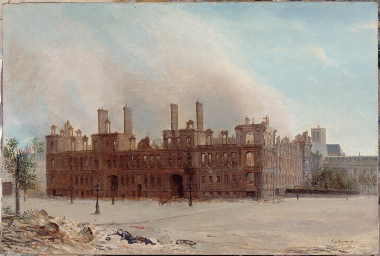 L#39;Hôtel de Ville etter brannen i 1871, i 1871 (olje på lerret) av Franz Moormans
