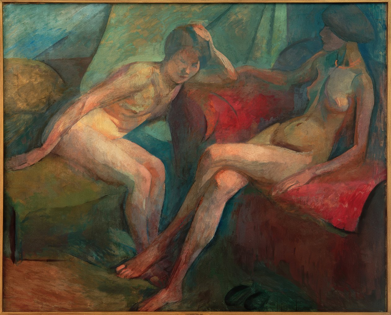 To nakenbilder på en rød sofa av Franz Nolken