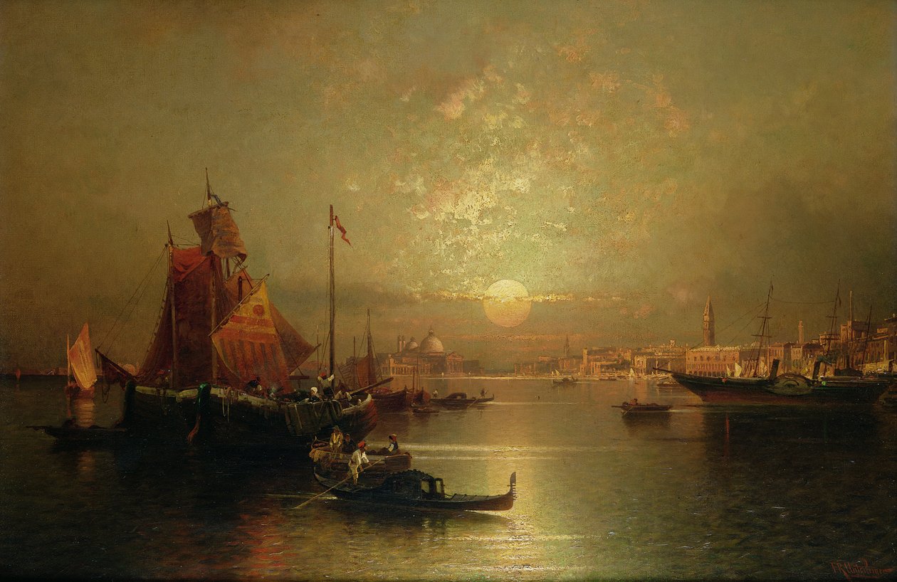 Frakt på lagunen, Venezia, ved solnedgang av Franz Richard Unterberger