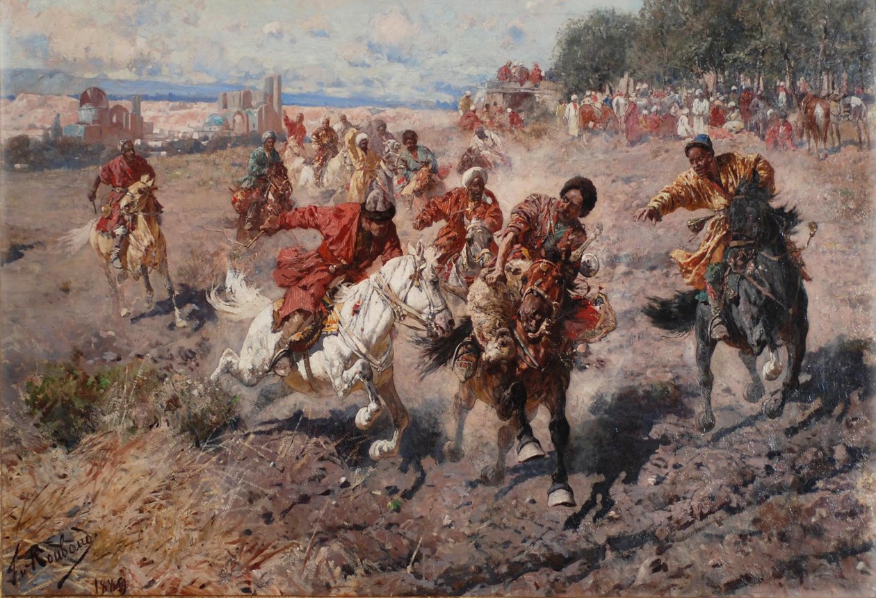 Cherkess feirer slutten på Muharram med Equestrian Sport of the Dash for Prize Lamb, 1889 av Franz Roubaud