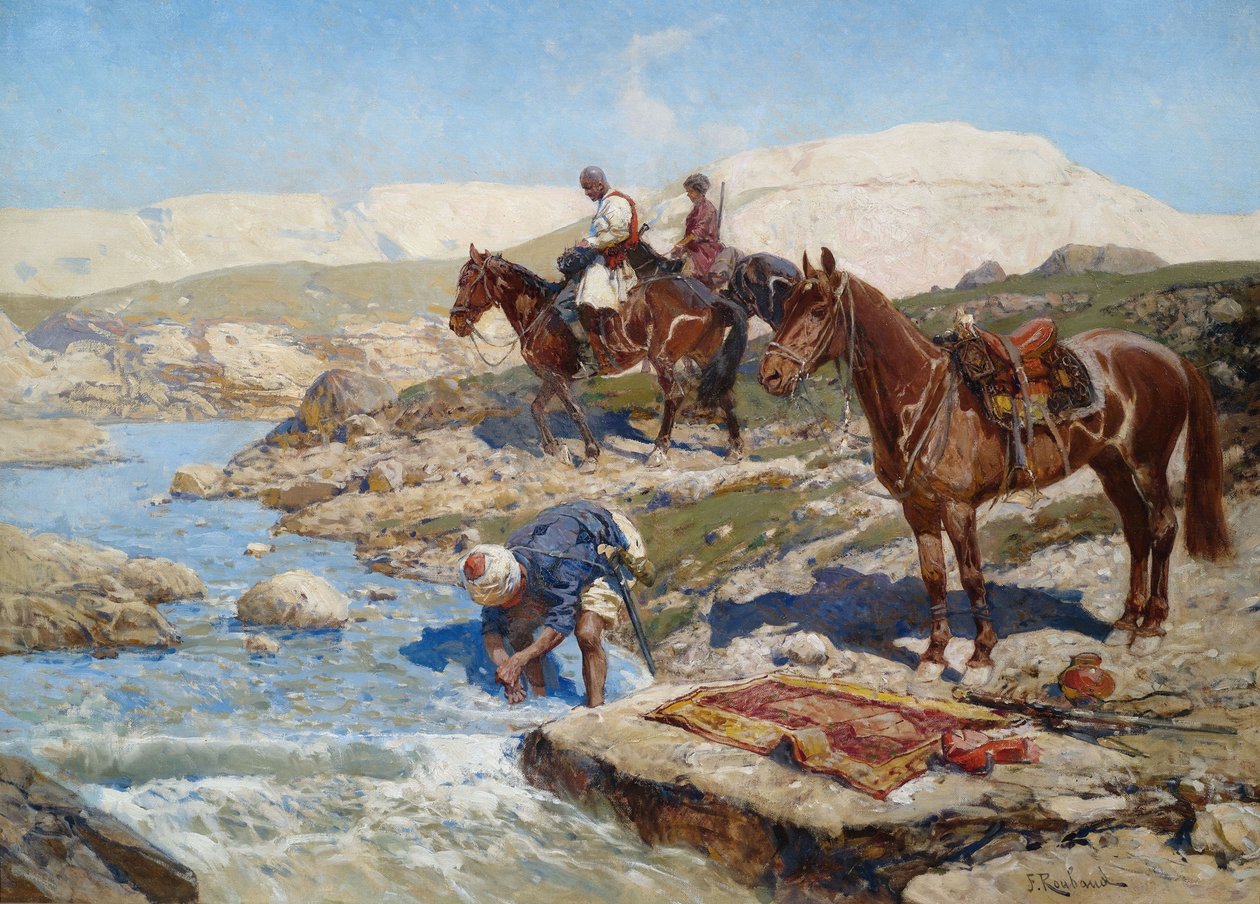 Cherkessian Horseman krysser elven av Franz Roubaud