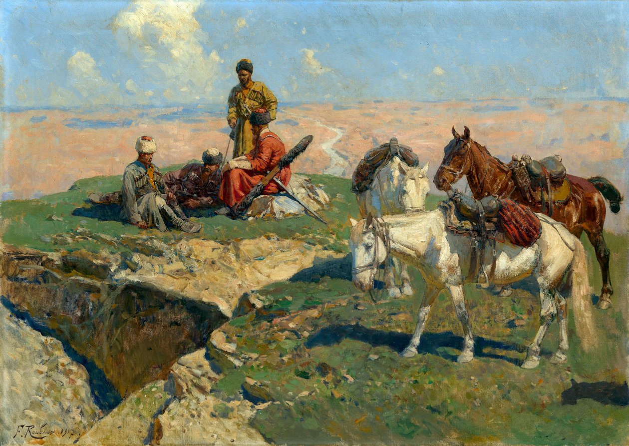 Stoppet til de kaukasiske krigerne - Maleri av Franz Roubaud (1856-1928) av Franz Roubaud