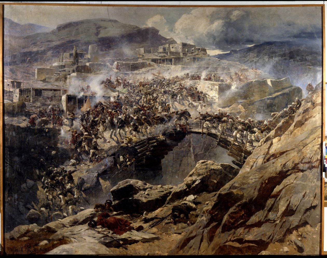 The Siege of Akhoulgo (The Siege of Akhoulgo): I 1839 ble Shamil (Imam Shamil, Shamil) (1797-1871) og hans muslimske støttespillere fra Kaukasus, beleiret i fjellfortet sitt, før de ble massakrert av den russiske hæren - Maleri av Franz Roubaud (1856-19 av Franz Roubaud