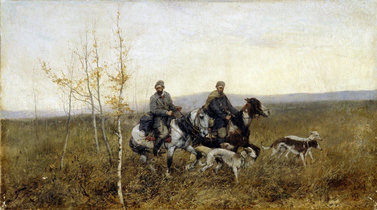 Jegerene. Maleri av Franz Roubaud (1856-1928), olje på lerret av Franz Roubaud