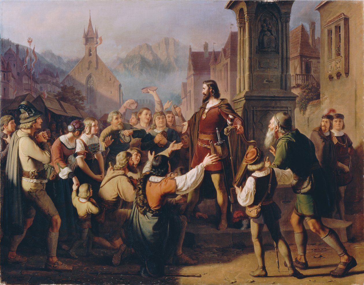 Hertug Friedrich IV, forkledd som en minstrel, åpenbarer seg for sine lojale tyrolere mens han flykter fra Constance av Franz Schams