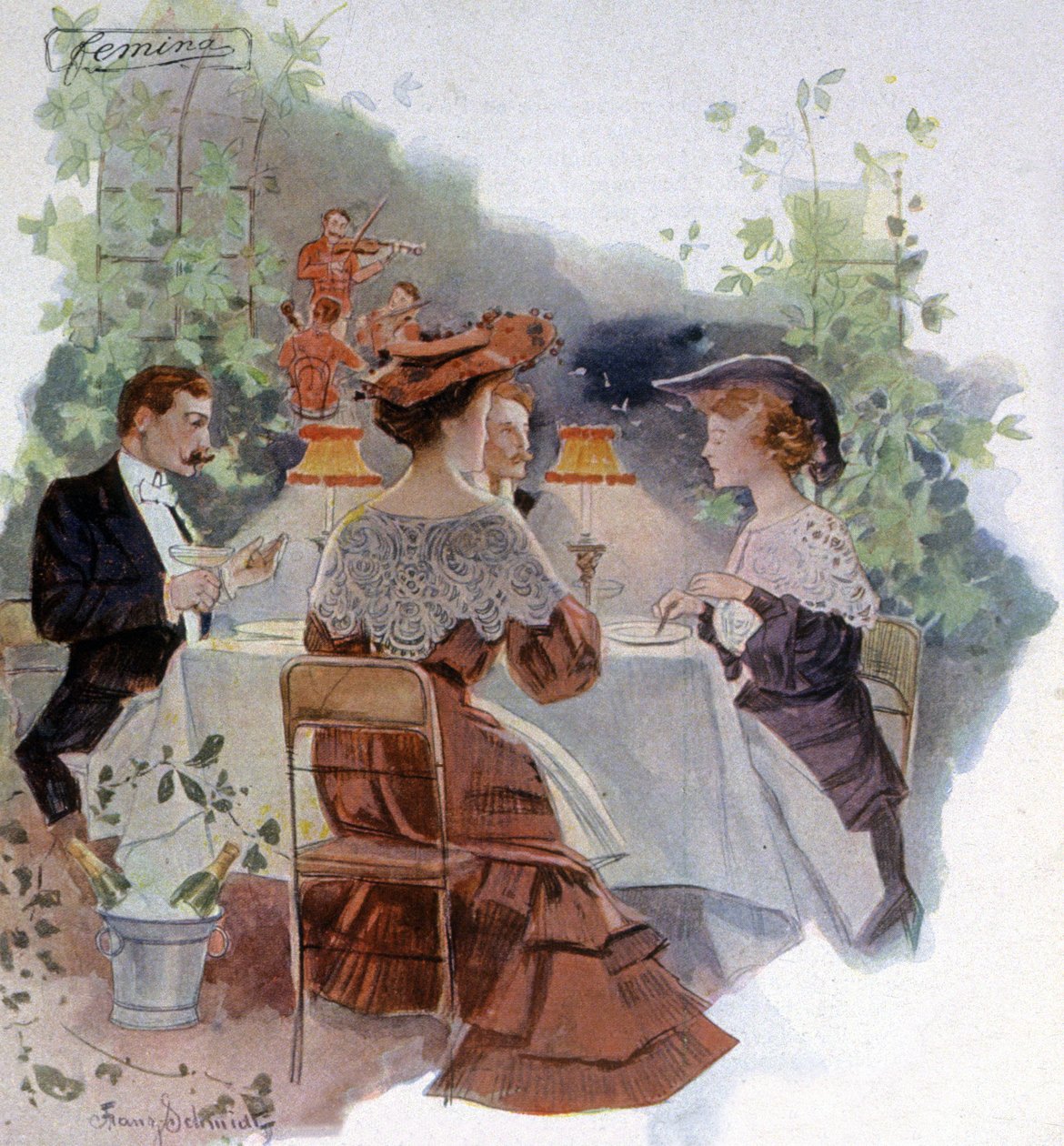 Middag på en restaurant i Bois de Boulogne, ca. 1900 (illustrasjon av Franz Schmidt