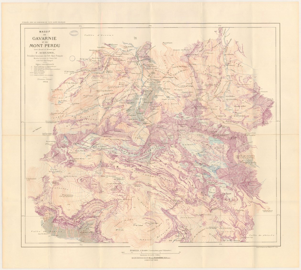 Kart over Gavarnie-massivet og Mont Perdu publisert i 1914 av Franz Schrader